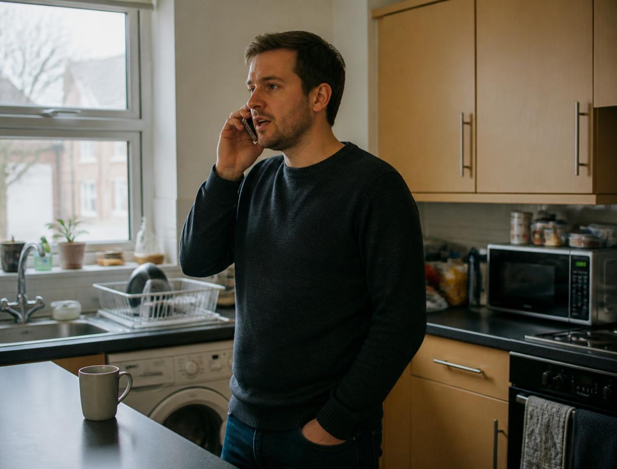 Man taking a relaxed phone call from a hair clinic at home