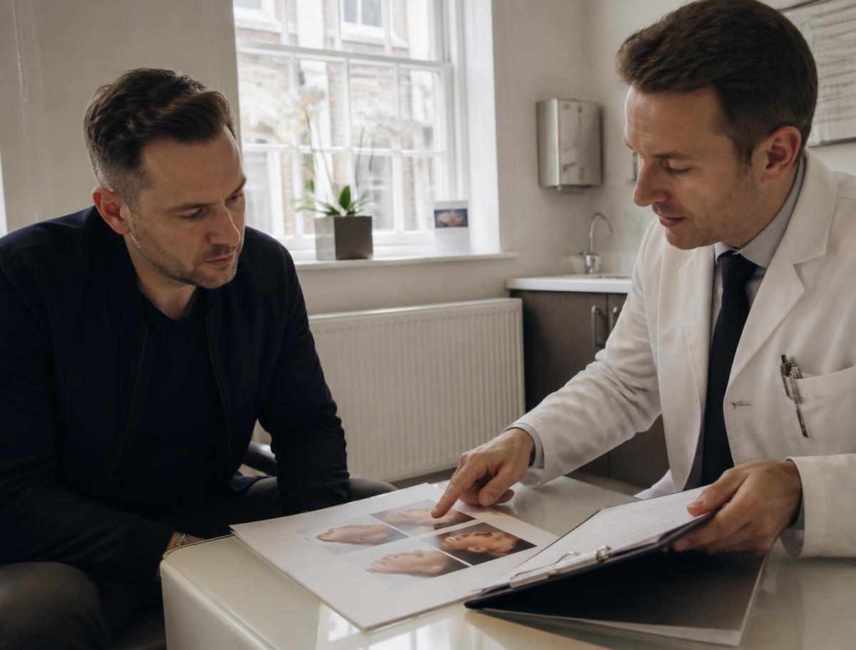 Man reviewing patient before-and-after photos with a hair transplant surgeon