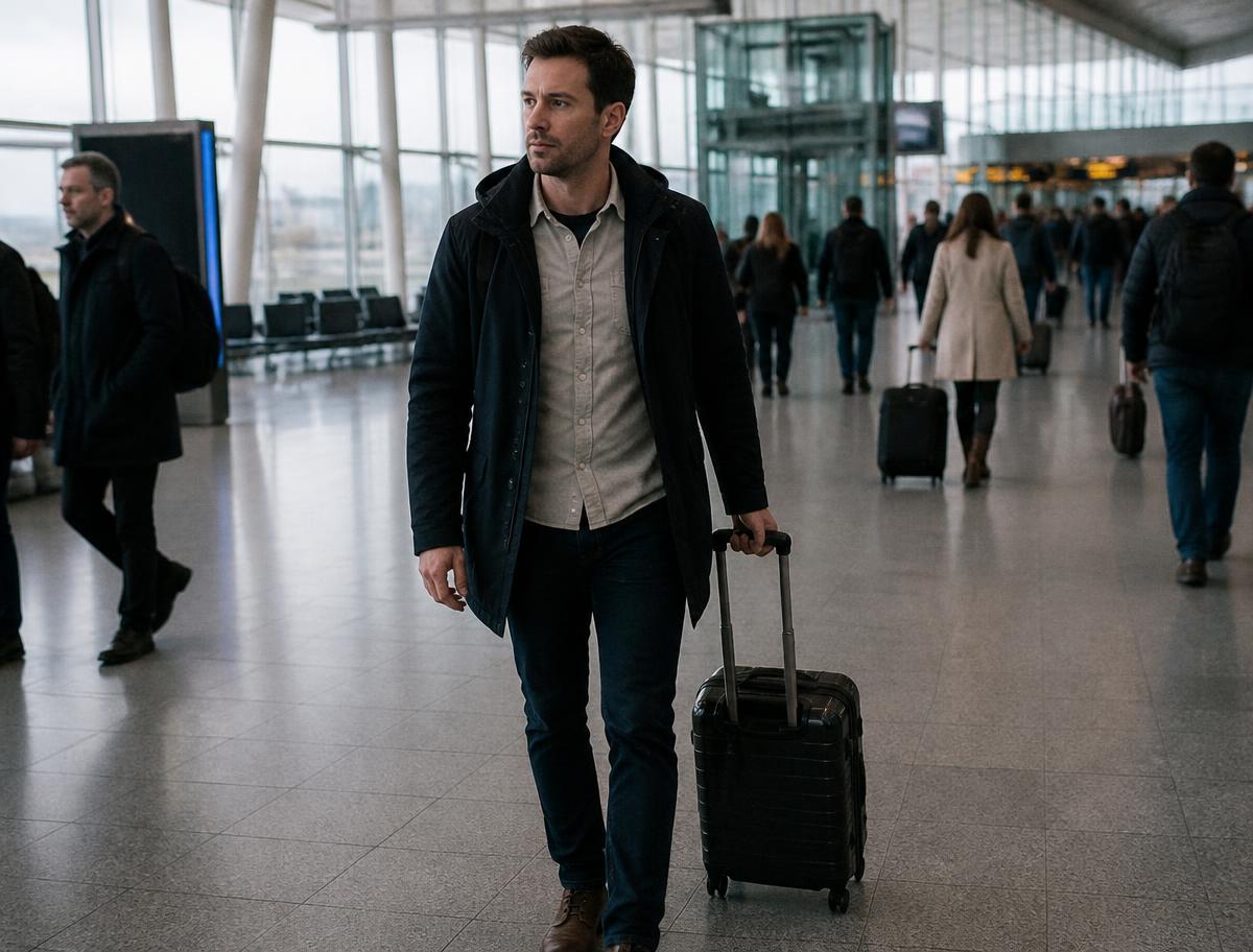 Man at an airport window considering treatment abroad